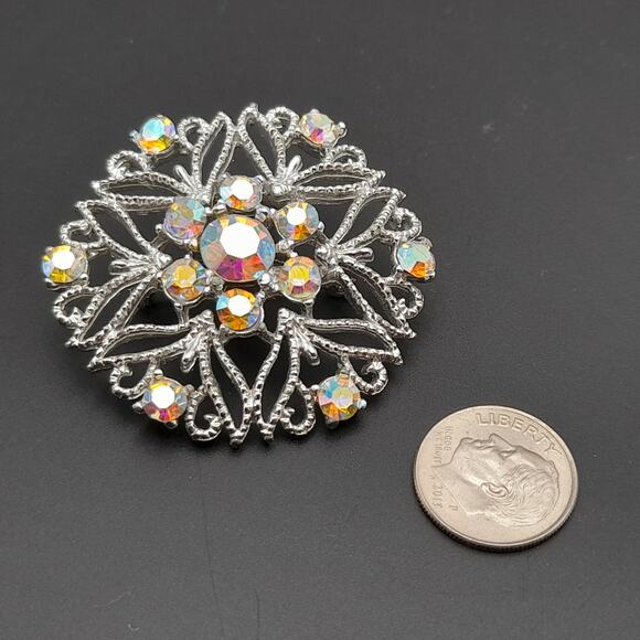 Vintage Snowflake Silver Tone Aurora Borealis Rhinestones 1 3/4 Inch Brooch - Picture 10 of 10